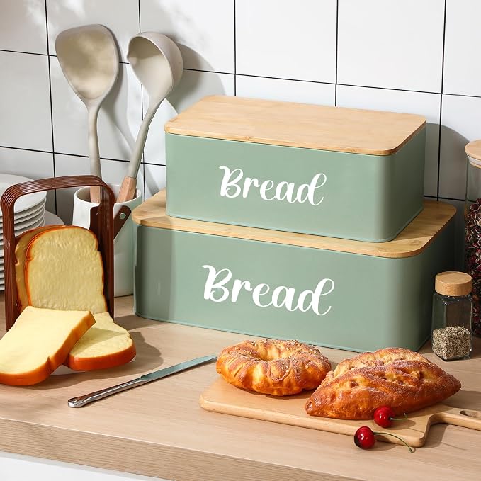 Teenyyou 2 Pcs Extra Large Bread Box with Slicer, Metal Bread Storage Container with Bamboo Cutting Board Lids, 2 Sizes Farmhouse Breadbox Set for Kitchen Countertop(Sage Green) - Image 5