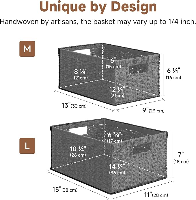 StorageWorks Wicker Storage Baskets for Organizing, Black Baskets, 2-Pack | Paper Rope Wicker Baskets with Handles, Black Storage Baskets for Shelves, Black Wicker Baskets, Woven Baskets - Image 2