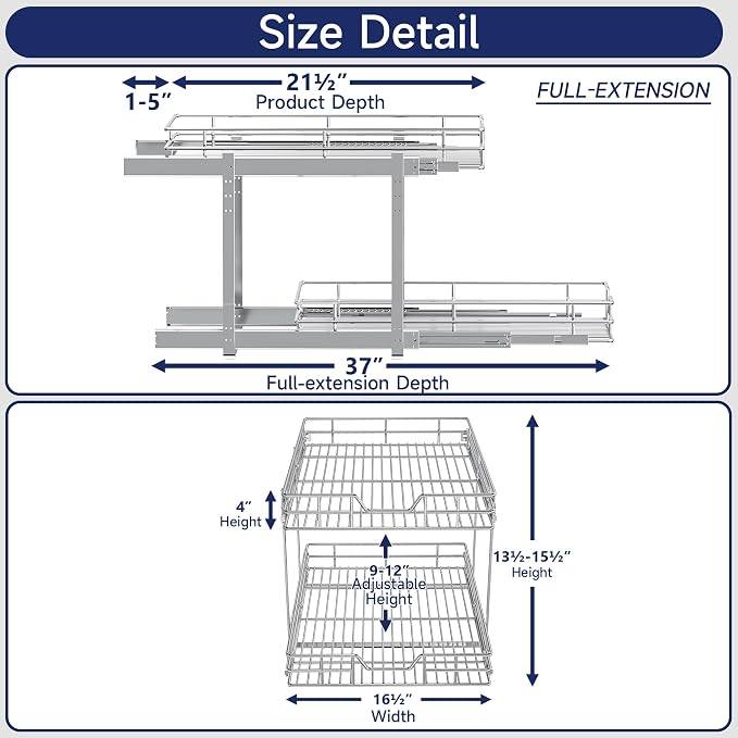 2-Tier Pull Out Cabinet Organizer, 16.5" W x 21.5" D, Heavy Duty Dual Slide Out Shelves for Base Cabinets, Chrome Wire Basket Drawer for Pantry, Kitchen & Bathroom Storage - Image 2