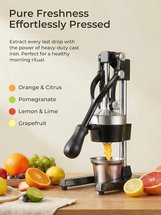 Professional Cast Iron Juicer - Heavy Duty Manual Juicer Press with 304 Stainless Steel Cup, Commercial Grade Extractor for Fresh Orange, Pomegranate & Lemon - Easy to Clean, Black - Image 2