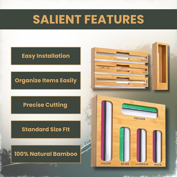KALUHA Bamboo Food Storage Bag Organizer 9-in-1 | Gallon Quart Sandwich Snack Bag Holder for Kitchen Drawer | Aluminum Foil Plastic Wrap Wax Paper Dispenser | Kitchen Cabinet Storage Organization - Image 5