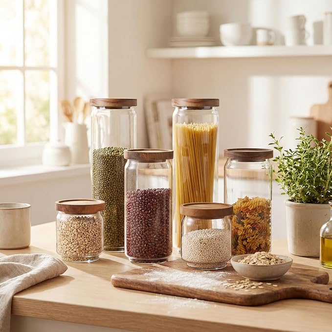 SiliFine 6 Set Glass Pantry Storage Jar with Acacia Airtight Lid 3 Size Glass Storage Container Jar for Pasta Spaghetti Cereal Coffee Bean Flour Sugar Rice, 17oz, 35oz, 53oz (Wood Lid) - Image 3