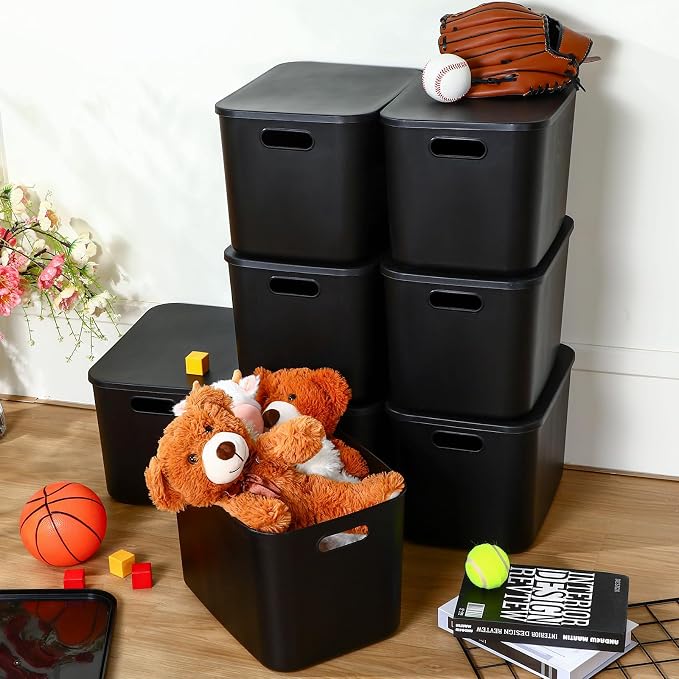 8 Pieces Colorful Storage Bins with Lid, Plastic Storage Basket Organizing Container Stackable Box with Handle for Shelves Desktop Playroom Office(14.2 x 10.2 x 9.5 Inch,Black) - Image 4