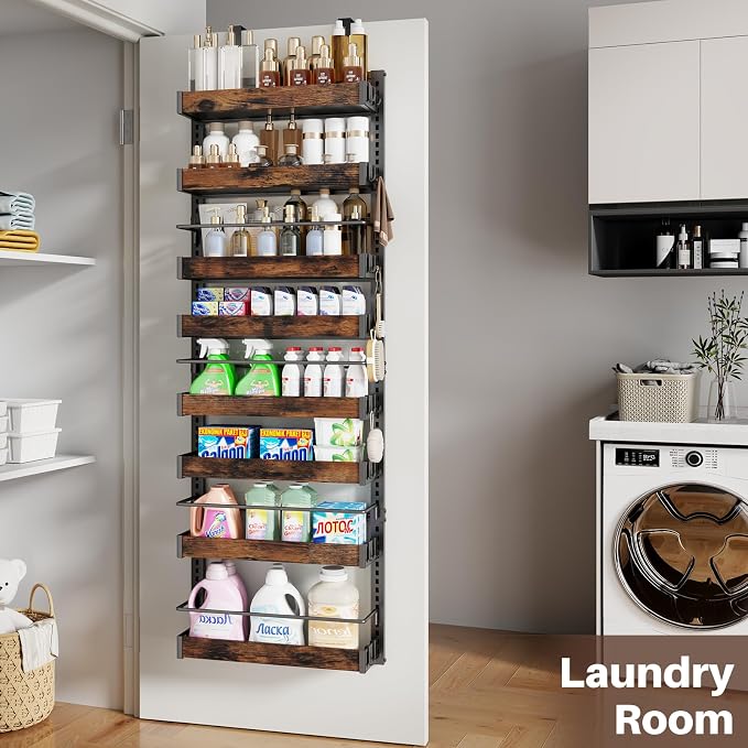 8 Tier Over The Door Pantry Organizer, 2 IN 1 Wall Mount or Metal Hanging Spice Rack for Pantry Organizers and Storage, Seasoning Shelves，Adjustable Basket with Hooks for Kitchen Cabinet and Closet - Image 5