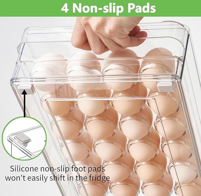 24 Capacity Egg Holder for Refrigerator Organizer Bins, BPA Free Egg Storage Container with Non-Slip Pads, Space-Saving Egg Tray for Fridge Drawer - Image 3