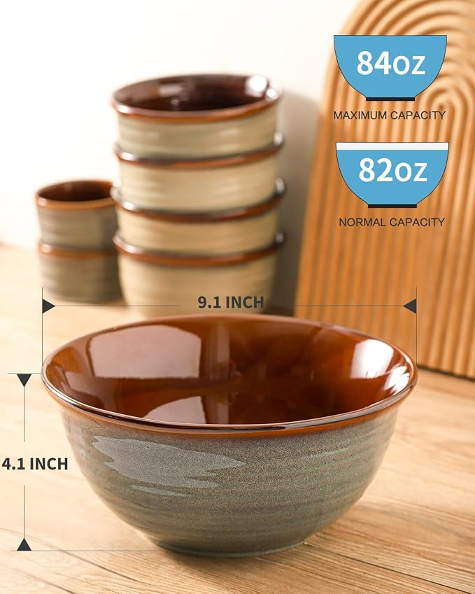 Hasense Serving Bowls, 84 Ounce Ceramic Serving Dishes for Salad Pasta Soup Pho, 9 Inch Mixing Bowls for Baking, Cooking, Kitchen, Party，Dinner, Microwave Dishwasher Safe, Set of 2, Light Grey - Image 3