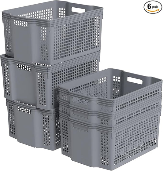 6-Pack Large Stackable Baskets Organizer, Rectangular Plastic Bins | Stackable Storage Bins with Handle, Space-Saving Nesting Design for Shelves, Pantry, Closet, Grey by Yesdate