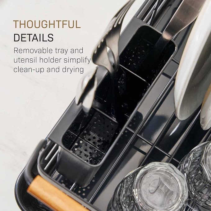 YAMAZAKI Home Dish Drying Rack – Modern Black Dish Rack for Kitchen Counter with Removable Drainer Tray and Cutlery Holder, Steel + Wood Dish Drying Organizer, Small Space-Saving Design - Image 5