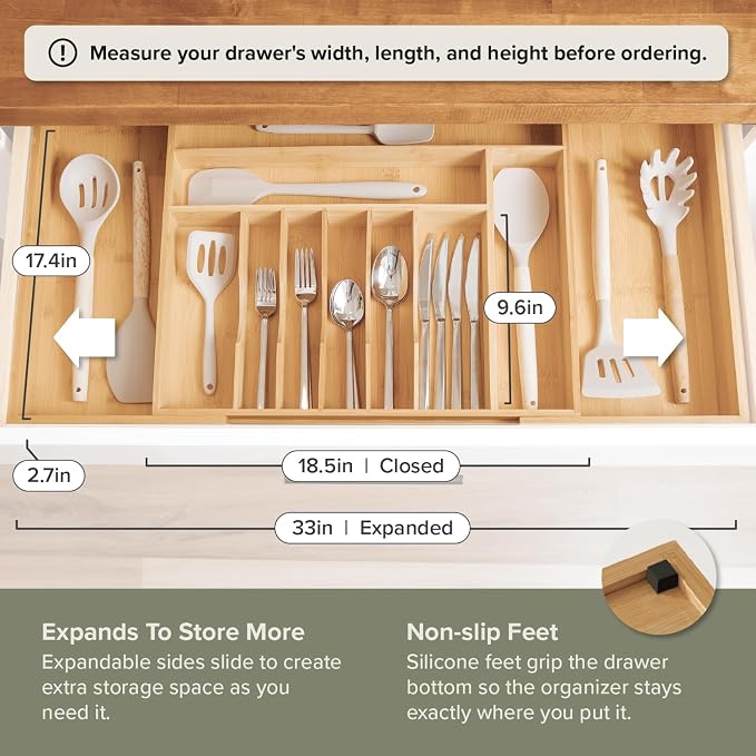 Silverware & Utensil Drawer Organizer, 18-33 in, Bamboo | Cutlery, flatware, food-safe contract grade, kitchen drawer fit - Image 4