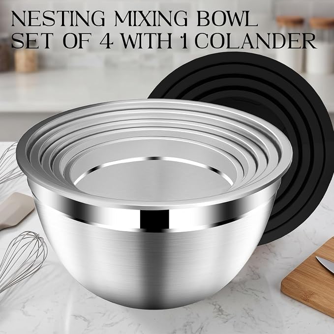 DUTZUN Mixing Bowls with Lids Set, Stainless Steel Mixing Bowls with Colander, Strainer with Mixing Bowl Set, Serving Bowl Kitchen Gift, Size 4.5, 2.5, 2, 1.5QT - Black - Image 4