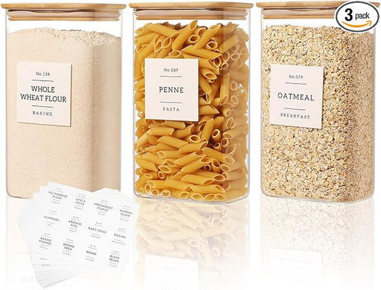 3 Pack Square Glass Pantry Storage Containers with 132 Kitchen Food Pantry Labels - 51 floz Clear Glass Pantry Jars with Airtight Wood Bamboo Lids - Glass Canisters for Candy, Cereal, Coffee, Spice by CZDYSM