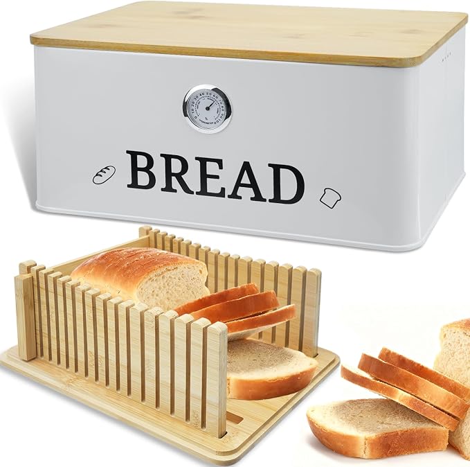 White Bread Box for Kitchen Countertop with Bamboo lid, Hygrometer Kitchen Organizer for Sourdough, Buns, and Loaves, Bread Storage Container with Cutting Board Lid by Unknown