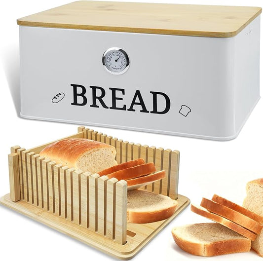 White Bread Box for Kitchen Countertop with Bamboo lid, Hygrometer Kitchen Organizer for Sourdough, Buns, and Loaves, Bread Storage Container with Cutting Board Lid by Unknown