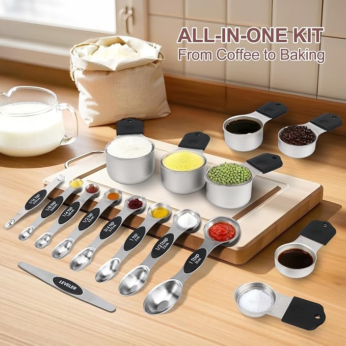 16-Piece Magnetic Measuring Cups and Spoons Set, Stainless Steel, Black | 7 Silicone-Grip Cups, 8 Metal Spoons, 1 Leveler, US and Metric Marks for Dry & Liquid Ingredients, Kitchen Essentials Gadgets - Image 6