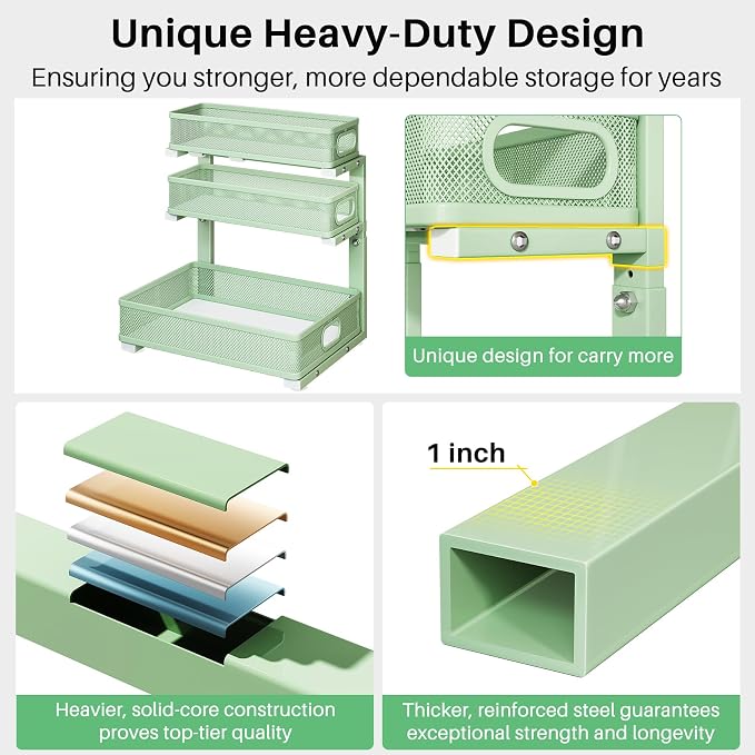 Kitstorack Under Sink Organizer, 2-Pack 3-Tier Height Adjustable Thickened Metal Pull out Cabinet Organizer Shelf, Slide out Storage Drawer Rack for Bathroom Kitchen Pantry Home Organization, Green - Image 6