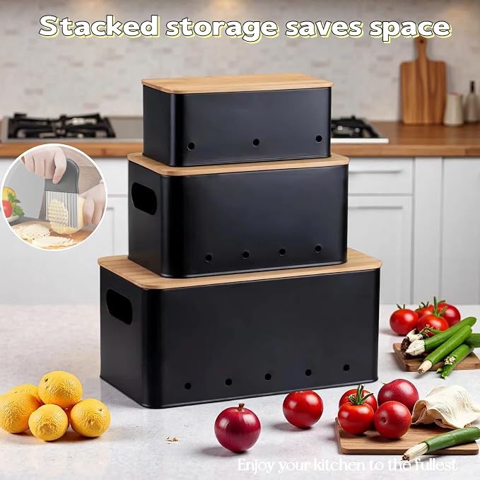 Modern kitchen storage container, stacked metal storage box, 3-piece set with wooden lid design, onion, garlic, potato metal cans, breathable storage box (Black) - Image 6