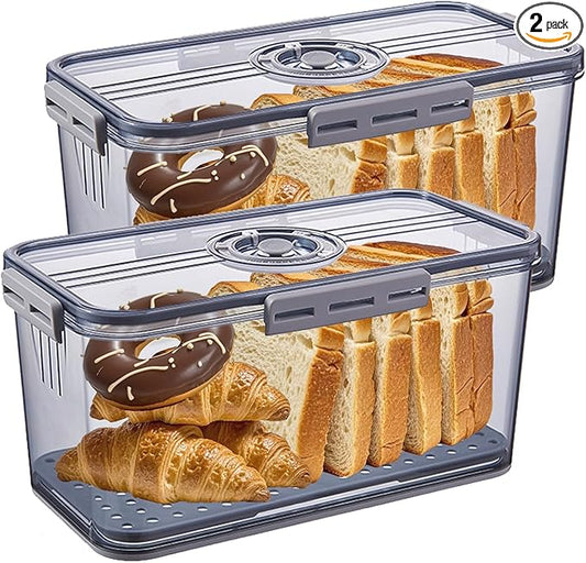 Airtight Bread Box for Kitchen Countertop, Gray, 2 PCS | Time Recording Dial, Multi-Use Food Storage, Container with Lid, Draining Tray, For Homemade Bread, Sourdough, Toast, Cookies by Unknown