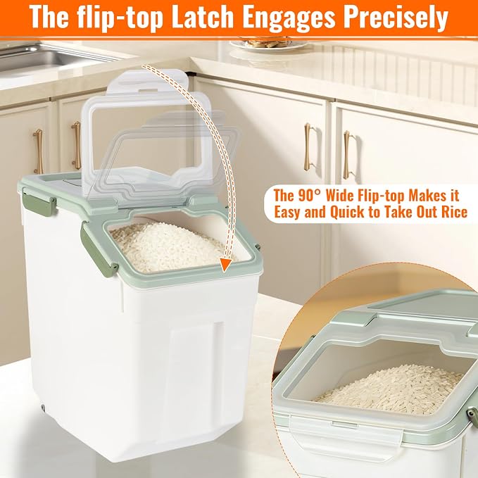 4 Pack Rice Container 25 lbs Large Bulk Flour Sugar Storage Holdhouse Plastic Grain Cereal Dry Goods Bin with Spoon and Measuring Cup for Kitchen Pantry Organization - Green - Image 5