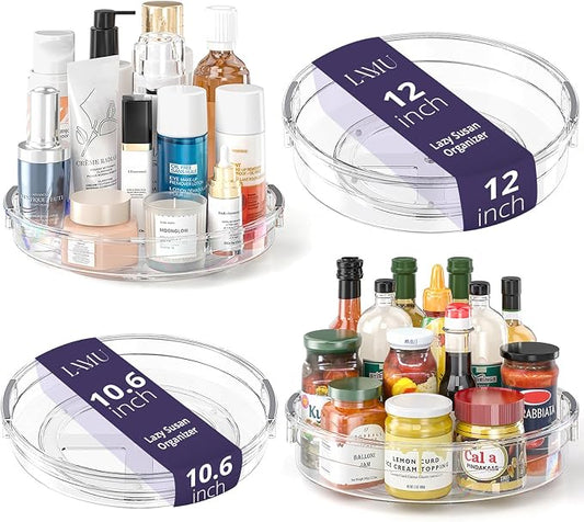 LAMU 4 Pack Lazy Susan Organizer, Clear Lazy Susan Turntable for Cabinet, Refrigerator, Table Top, Kitchen, Bathroom, Pantry Organizers and Storage, 2 Sizes Included 12in, 10.6in by YourHome-OrganizationHelper
