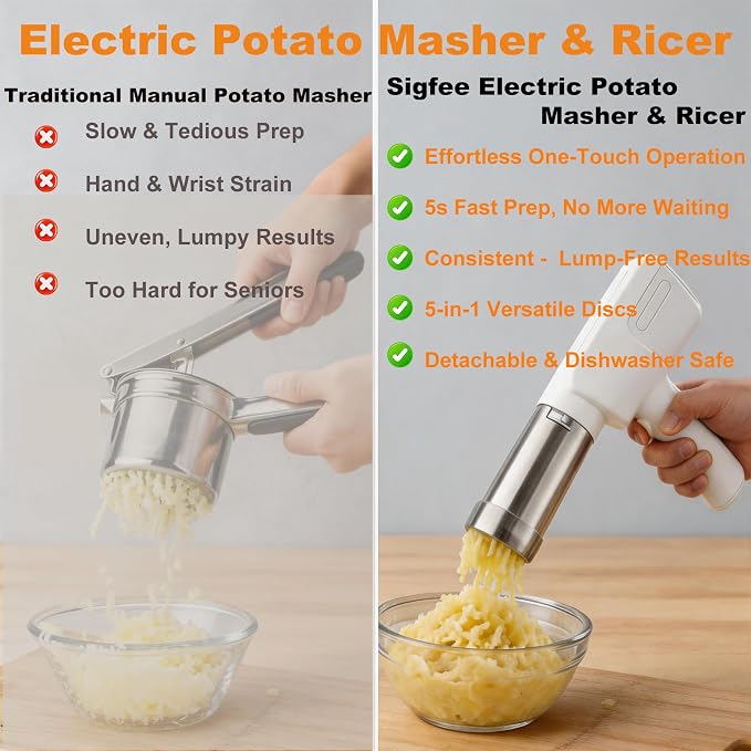Electric Potato Masher & Ricer, 5-in-1 Handheld with 5 Discs, 5s 7oz Creamy Mash, Food Grade 304 Stainless Steel, Dishwasher Safe, Ideal for Thanksgiving & Homemade Baby Food (Adults Operated) - Image 2