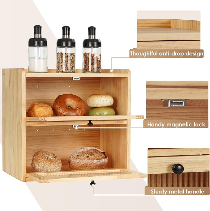 Sunhoo Bread Box for Kitchen Countertop Wooden Bread Storage Container Bin 2 Layer Breadbox Holder Large Capacity Keeper Vintage Farmhouse Food Organizer Pantry Shelf Acrylic Window（Wood color） - Image 3