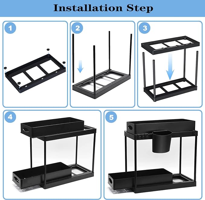 Double Sliding Cabinet Basket Organizer Drawers, 2 Tier Slide Out Under Sink Organizers Storage Under Cabinet Bathroom Organizer with Hooks & Hanging Cup for Kitchen Countertop (Black) - Image 8