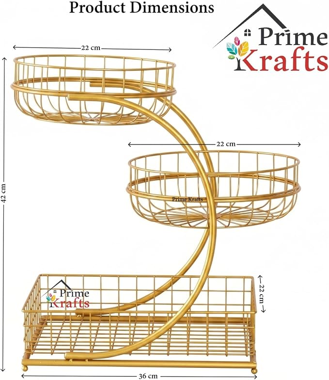 3 Tier Fruit Basket Bowl for Home and Kitchen | Countertop Metal Wire Kitchen Storage Basket for Fruits, Vegetables and Snacks - Gold - Image 3