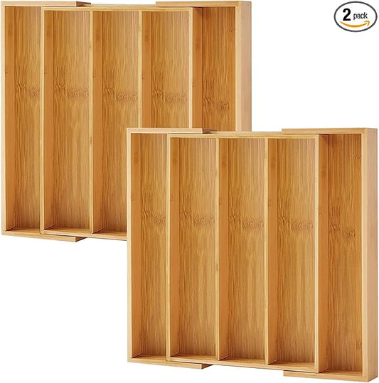 Purawood Kitchen Drawer Organizer, 2 Pack - Expandable Utensil Drawer Organizer for Kitchen, Cutlery Tray & Silverware Organizer, 3-5 Slots - Bamboo Organizer for Utensils & Flatware (Natural) by PURAWOOD