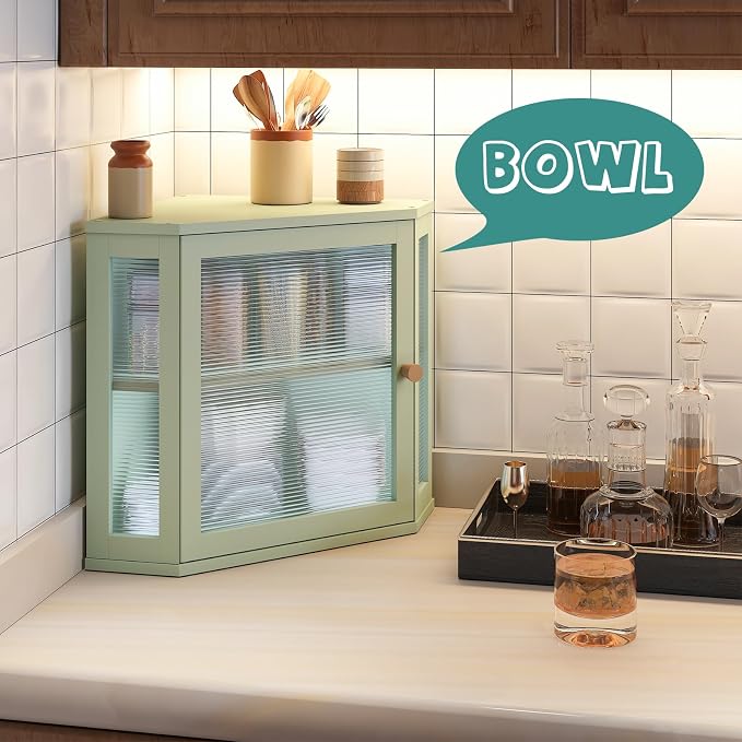 Corner Bread Box for Kitchen Countertop, Bamboo Wood Green Bread Box, Large Capacity Bread Storage Bin with Acrylic Wavy Door Panel - Image 6