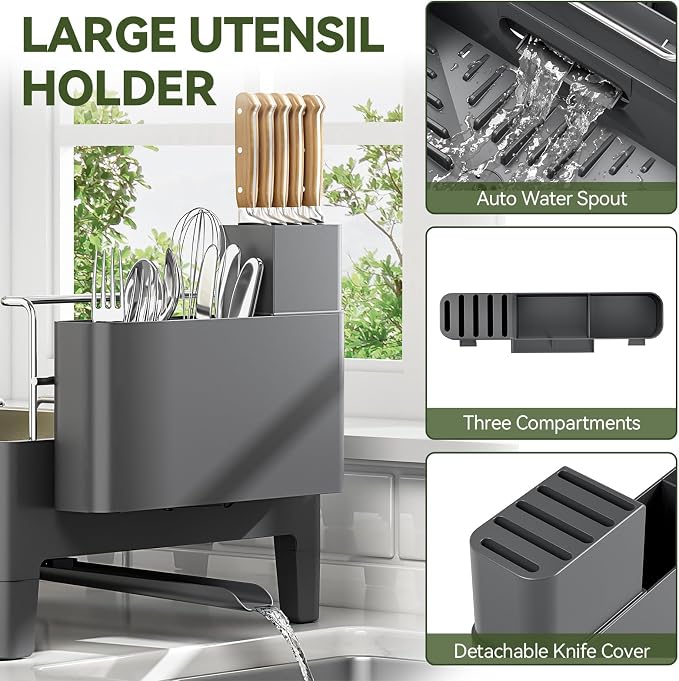 Urackify Expandable Dish Drying Rack, Stainless and Aluminum Frame, Gray | Dish Drainer for Kitchen Counter, Space Saving Kitchen Drying Rack with Movable Utensil Holder, 19.69"L x 13.46"W x 9.06"H - Image 6