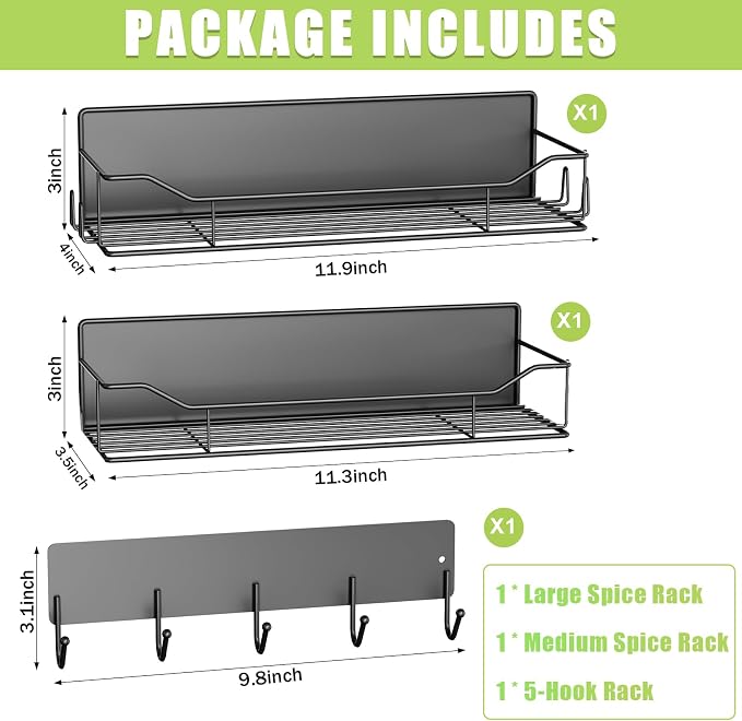 Magnetic Spice Rack for Refrigerator, 3 Pack Metal Magnet Spice Organizer Shelf with Hook Rack, Magnetic Fridge Shelves for Kitchen Organization and Storage, Seasoning Organizer Gadgets (Black) - Image 2