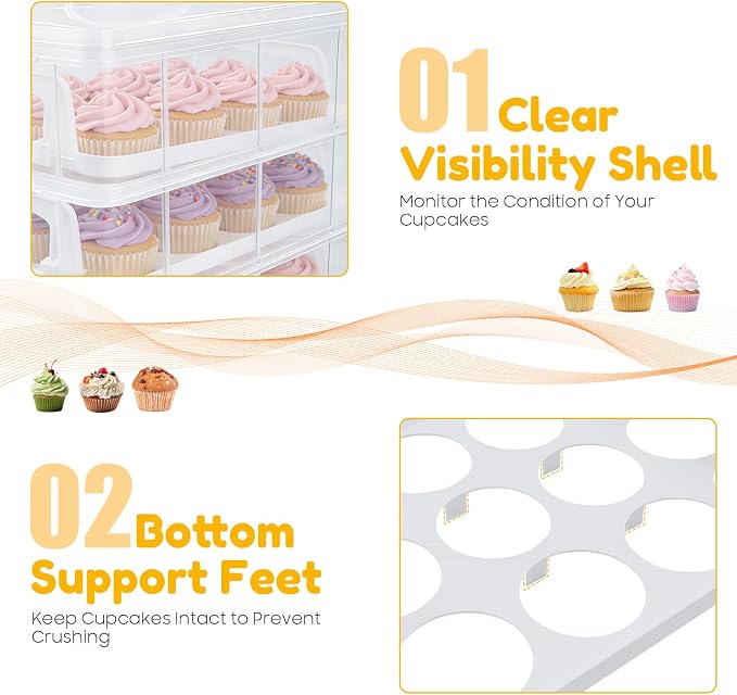 4-Tier Cupcake Carrier Stackable Storage Container,Store up to 48 Cupcakes | Plastic stackable trays with Lid and Handle. Lightweight for parties, baking, travel. Keeps cupcakes secure. BPA-free. - Image 7