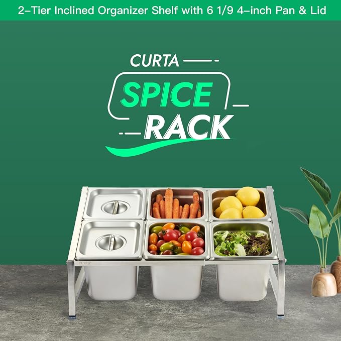 Expandable 18/8 Stainless Steel Spice Rack Set, NSF Certified, 2-Tier Inclined Organizer Shelf with 6 1/6 6" Pan&Lid, 13.8"-23.6" Adjustable, Countertop Holder for Seasoning Ingredients - Image 2