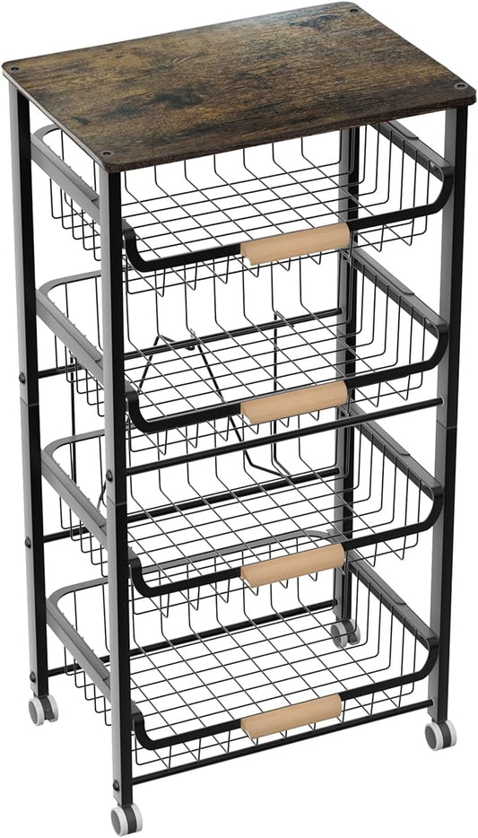 NiuYichee 5-Layer Fruit Basket Kitchen Food Organizer and Rack, Stackable Storage Cart with Desktop, Pull-Out Hollow Metal Basket, Wheeled Sorting Rack Spice Rack, Black by NiuYichee