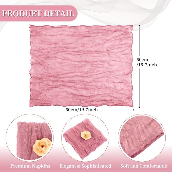 fani 60 Pack Gauze Cheesecloth Napkins, 20 x 20 in, Dusty Rose | Wrinkled Table Napkins, Soft Cotton, Rustic Decorative, Weddings, Party, Dinner Table, Everyday Use - Image 2