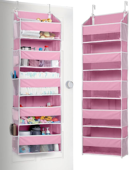 ULG 1 Pack Over Door Organizer with 5 Large Pockets 10 Mesh Side Pockets, 44 lbs Weight Capacity Hanging Storage Organizer with Clear Window Kids Toys, Shoes, Diapers, Pink by ULG