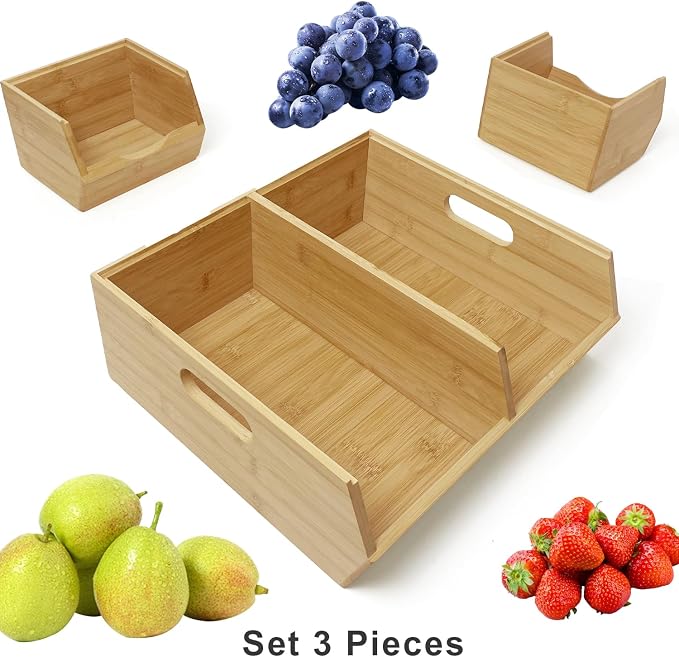 MinBoo Bamboo Stackable Pantry Storage Bins Potato and Onion Storage,Fruit Basket for Pantry Organization,Fruit Bowl for Kitchen Counter,Fruit and Vegetable Storage (Bamboo) - Image 7