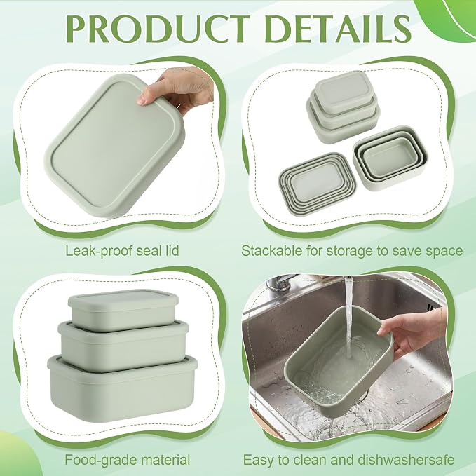 2 Sets of 6 Silicone Food Storage Containers, Reusable Lunch Bento Box with Lid, Hard Shell Storage Containers, Microwave Dishwasher Freezer Safe, 10 oz, 23.6 oz, 44 Ounce(Sage Green) - Image 3