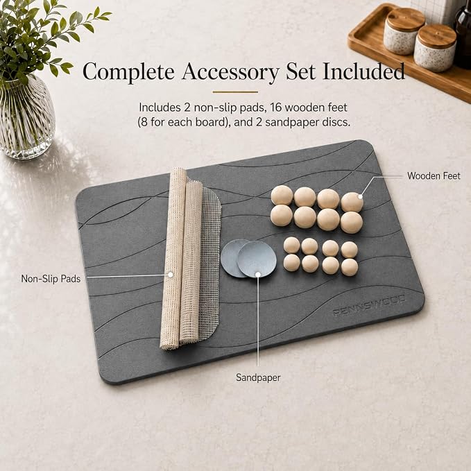 2 Pack Large Stone Dish Drying Mats for Kitchen Counter, （24" x 16" + 16" x 12"）, Diatomaceous Earth, Ultra Absorbent, Quick Dry, with Wooden Feet and Non-Slip Mesh Liners - Image 5