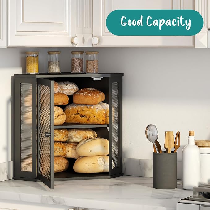 Corner Bread Box, Large Bamboo Bread Box for Kitchen Countertop, 2 Tier Wooden Bread Storage, Black - Image 2