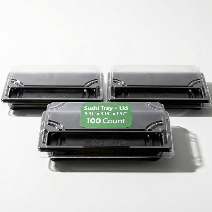 Restaurantware Plastic Sushi Trays 100 Pack of 5.3 x 3.15 x 1.57 Inch With Clear Lids Leak-Resistant Sushi Take Out Boxes Stackable Containers For Grab-And-Go by Restaurantware