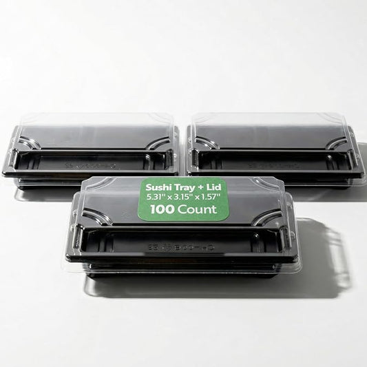Restaurantware Plastic Sushi Trays 100 Pack of 5.3 x 3.15 x 1.57 Inch With Clear Lids Leak-Resistant Sushi Take Out Boxes Stackable Containers For Grab-And-Go by Restaurantware