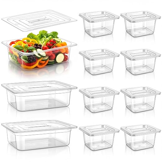 Sliner 10 Pack Plastic Clear Food Pans with Lids, Stackable and Freezer Safe Commercial Food Storage Containers for Fridge Salad Polycarbonate(4" 1/2+1/6 Set) by Sliner