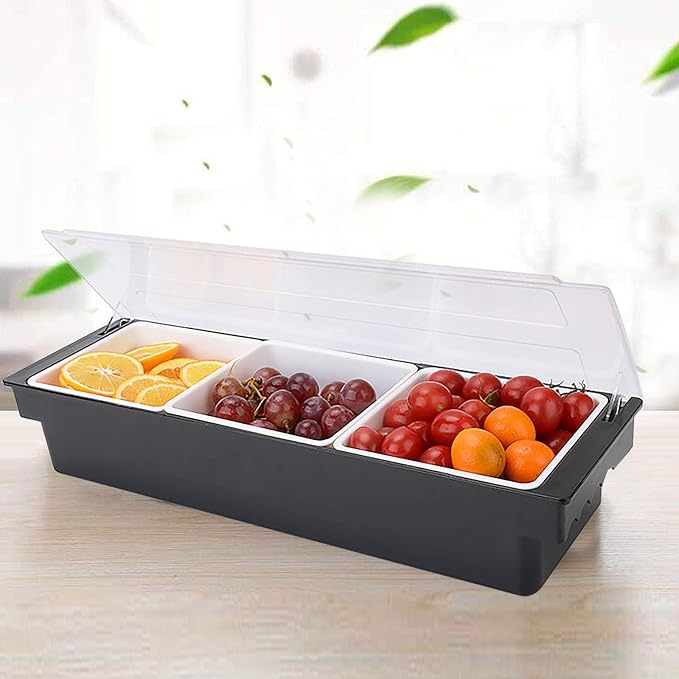 Commercial 3 Compartment Condiment Dispenser, 3 Tray Fruit, Veggie, Condiment Caddy with Lid Topping Organizer for Nacho & Taco Bars, Ice Cream, Fruit, Salad Bar Suitable in Commercial or Family - Image 4