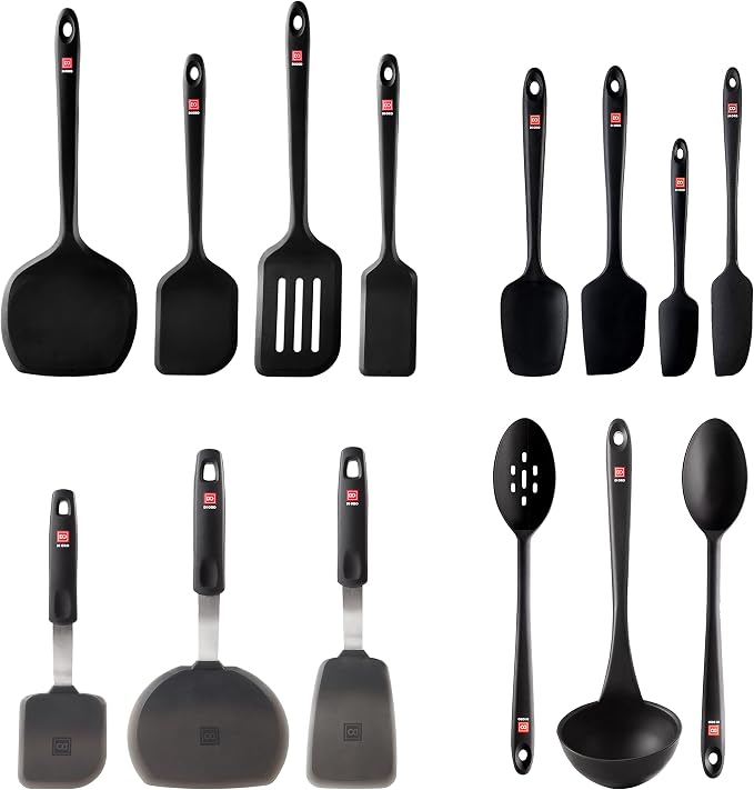 DI ORO 14-Piece Silicone Kitchen Utensil Set - 600°F Heat-Resistant Nonstick Flexible Silicone Turner Spatulas, Spoons, & Ladle - Nonstick Cookware Safe Tools for Baking & Cooking - BPA Free (Black) by DIORO