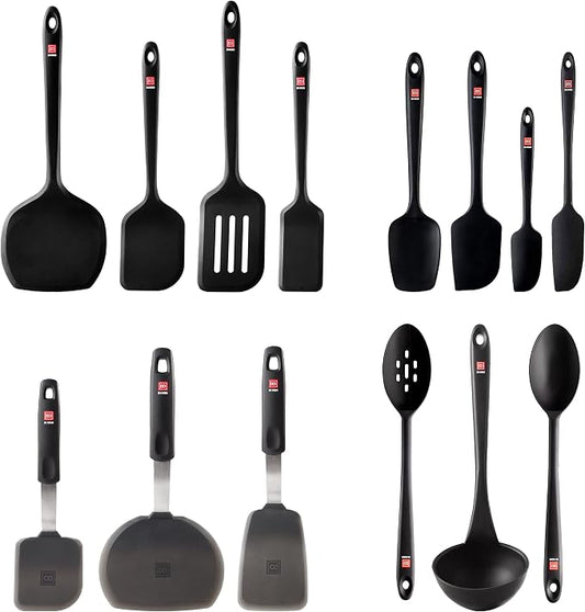 DI ORO 14-Piece Silicone Kitchen Utensil Set - 600°F Heat-Resistant Nonstick Flexible Silicone Turner Spatulas, Spoons, & Ladle - Nonstick Cookware Safe Tools for Baking & Cooking - BPA Free (Black) by DIORO