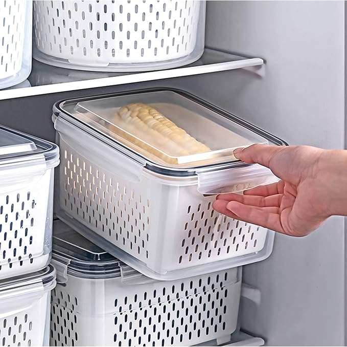 3Pack Fridge Food Storage Container Set with Lids with Strainer,Plastic Fresh Produce Saver Vegetable Fruit Meat Storage Organization, BPA-Free Plastic Produce Keepers(3.15L+1.7L+0.8L) - Image 2