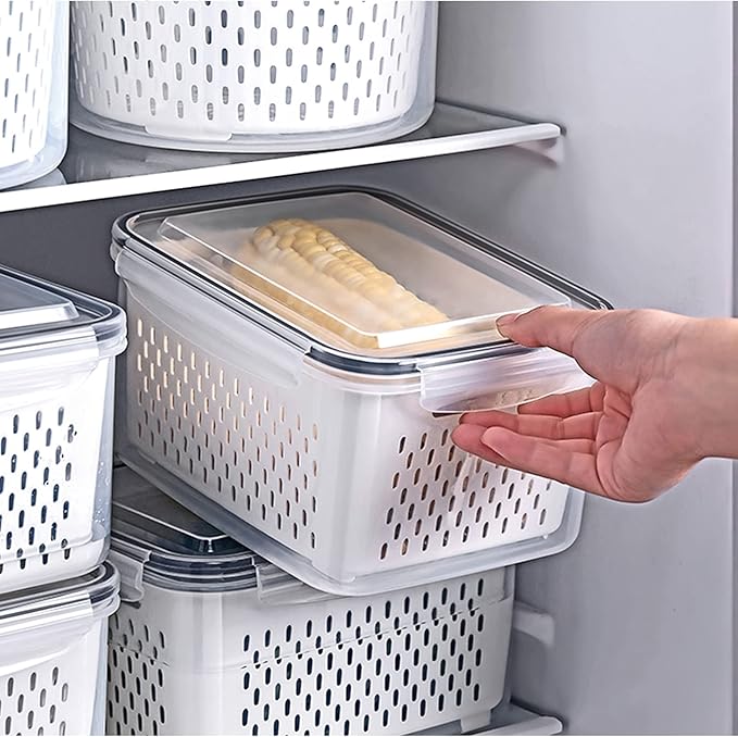 4 Pack Large Fridge Food Storage Container Set with Lids with Strainer, Fruit Vegetable Storage Containers Keep Fruits, Vegetables, Berry, Meat Fresh longer , BPA-Free Plastic Produce Keepers - Image 3