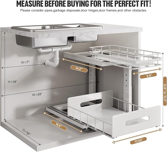 Under Sink Organizer Upgrade To Professional Rails,2-Tier Dual Pull Out Cabinet Storage,Height Adjustable Slide Out Drawers For Bathroom Kitchen,2 Pack-14.5" Dx12.8-16.9" H,White - Image 2
