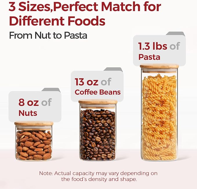 Glass Pantry Storage Containers with Lids 0.6/1.2/1.9 Qt 6 Pack | Pantry Organization, Square Stackable Design, Flour Sugar Coffee Beans Pasta Cereal Dry Food Storage,Kitchen Organizer - Image 3